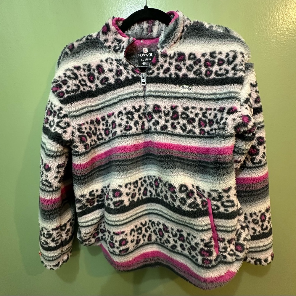 Hurley Leopard Print Fleece Jacket in Pink and Gray